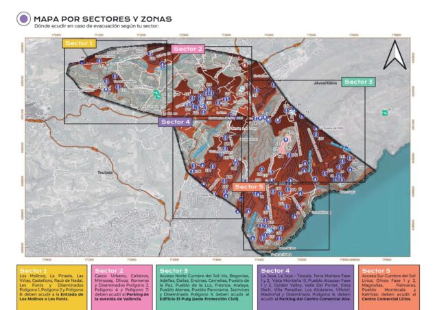 Imagen: Mapa de El Poble Nou de Benitatxell dividido en 5 sectores para la evacuación en emergencias.