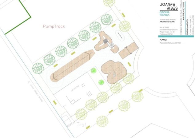 Imagen: Plano técnico del proyecto del nuevo parque infantil en Tossals, Ondara, mostrando su ubicación y elementos principales.