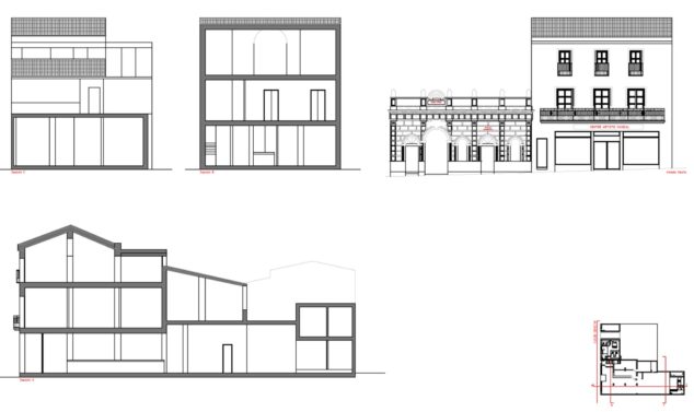 Imagen: Alzados y secciones arquitectónicas del proyecto del Centre Artístic Musical de Pedreguer.