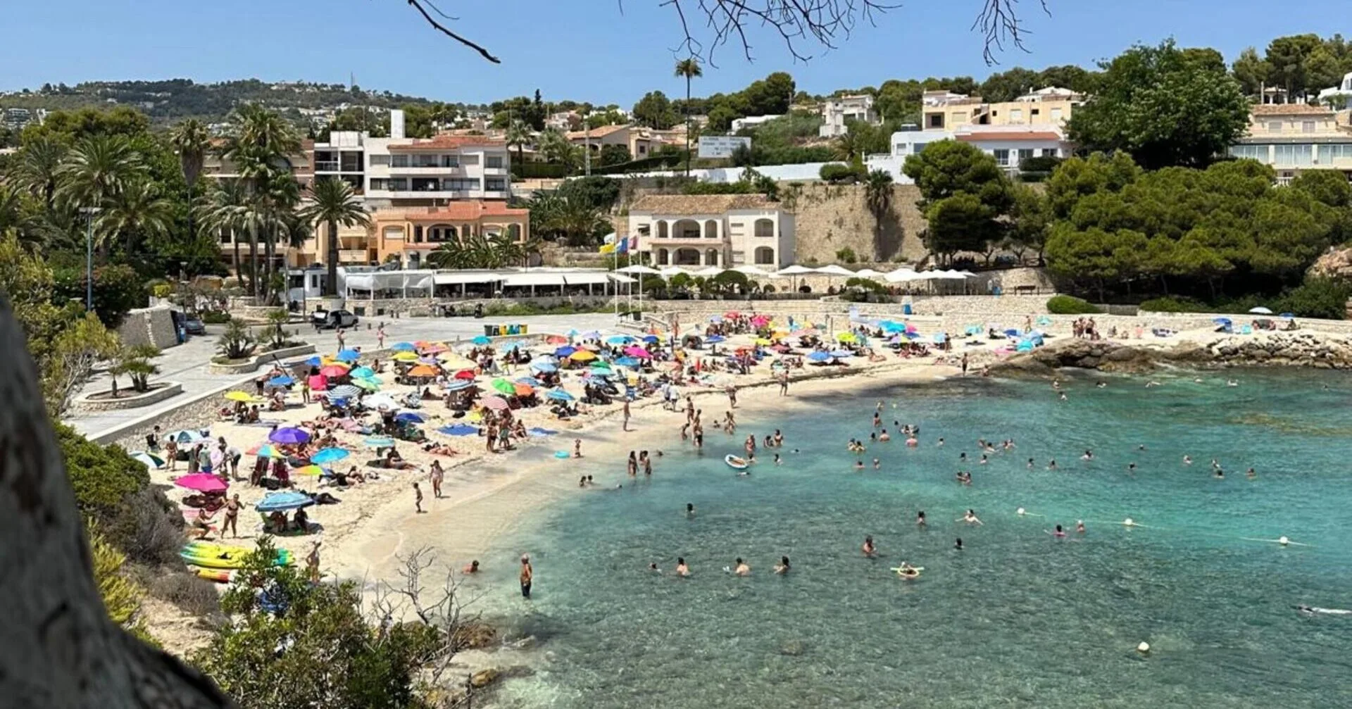 Vista panorámica desde lo alto de la cala de la Fustera en Benissa, con bañistas y el mar turquesa en un día soleado.