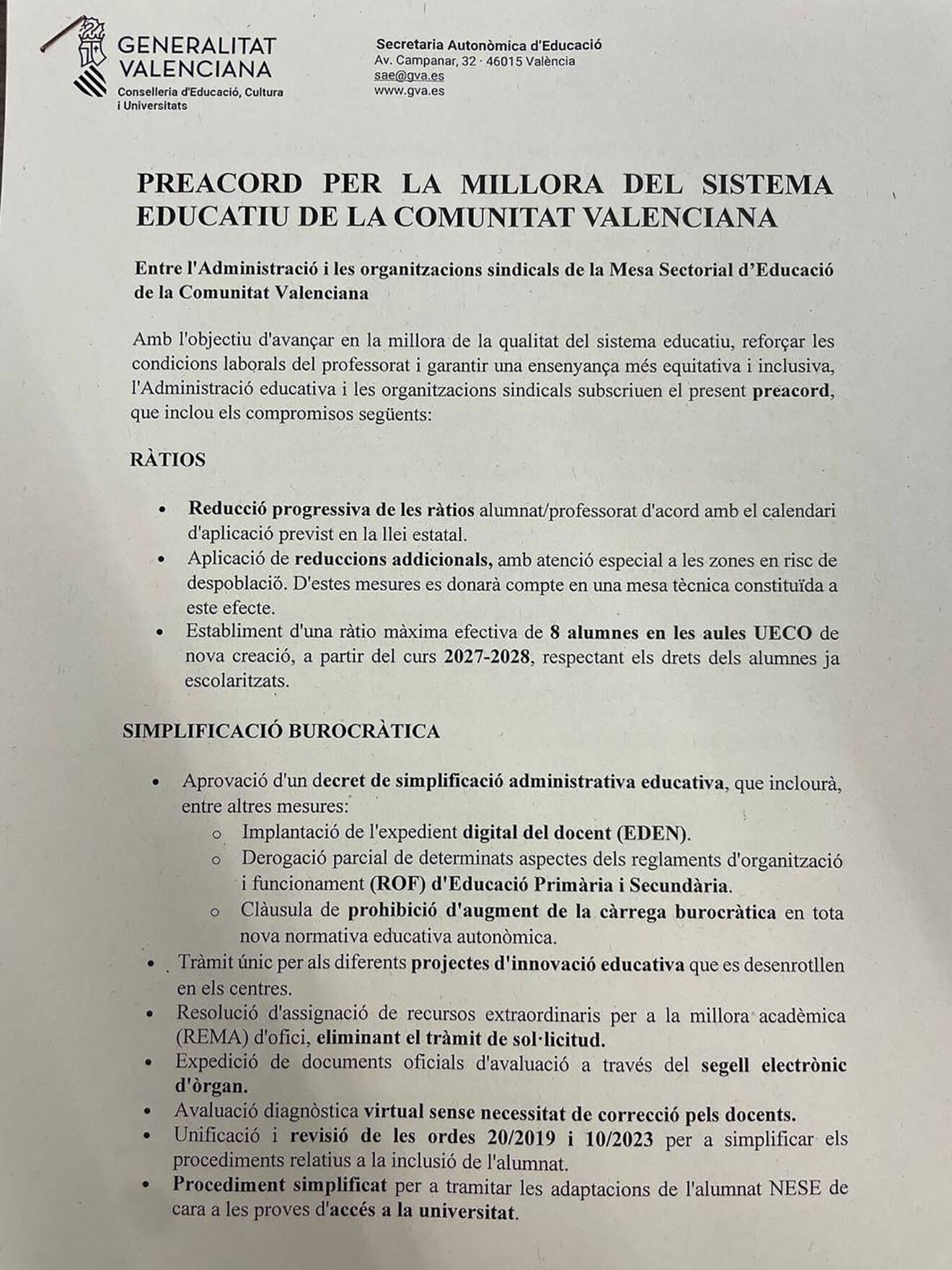Preacuerdo presentado por Conselleria para la mejora del sistema educativo valenciano