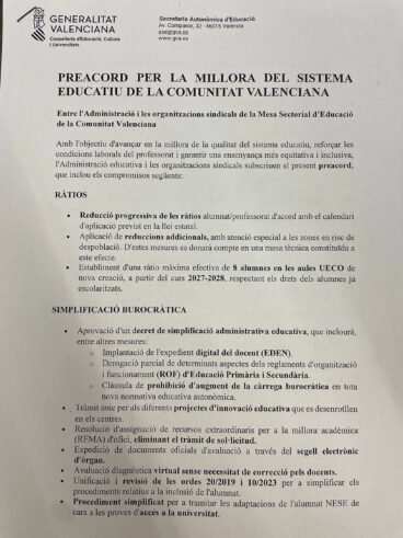 Preacuerdo presentado por Conselleria para la mejora del sistema educativo valenciano