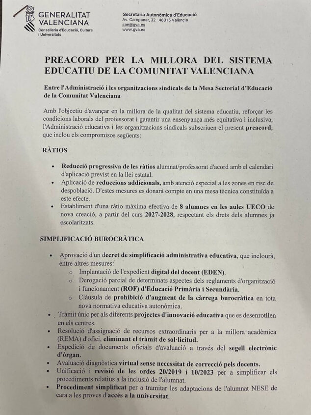 Imagen: Preacuerdo presentado por Conselleria para la mejora del sistema educativo valenciano