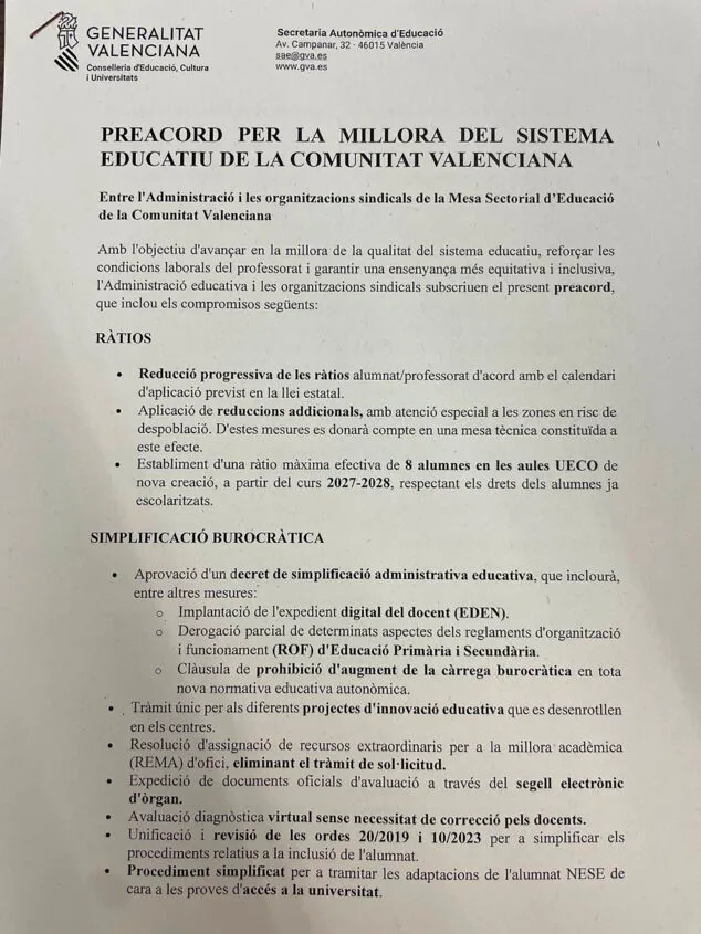 Imagen: Preacuerdo presentado por Conselleria para la mejora del sistema educativo valenciano