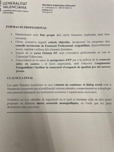 Preacuerdo presentado por Conselleria sobre FP y cláusula final