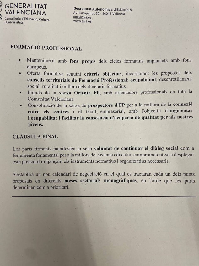 Imagen: Preacuerdo presentado por Conselleria sobre FP y cláusula final