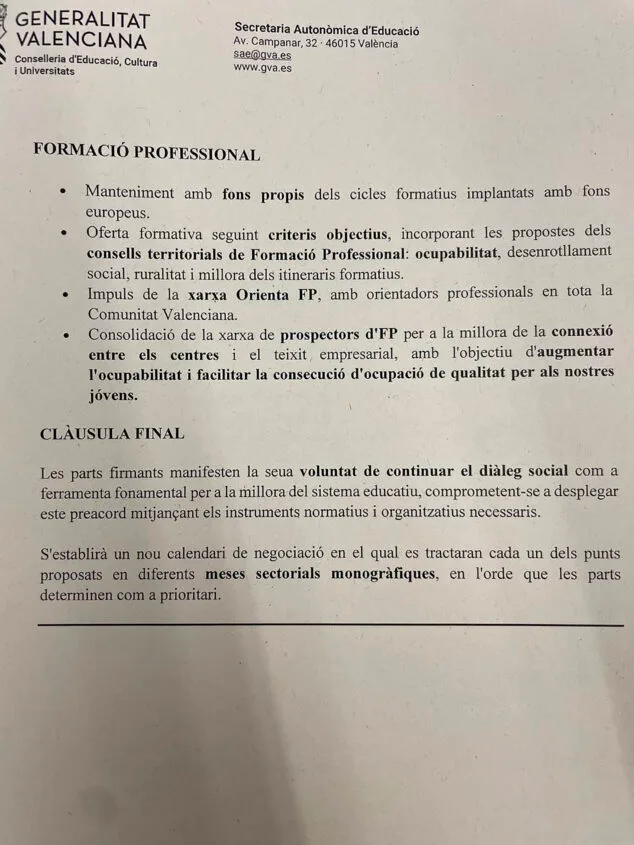 Imagen: Preacuerdo presentado por Conselleria sobre FP y cláusula final