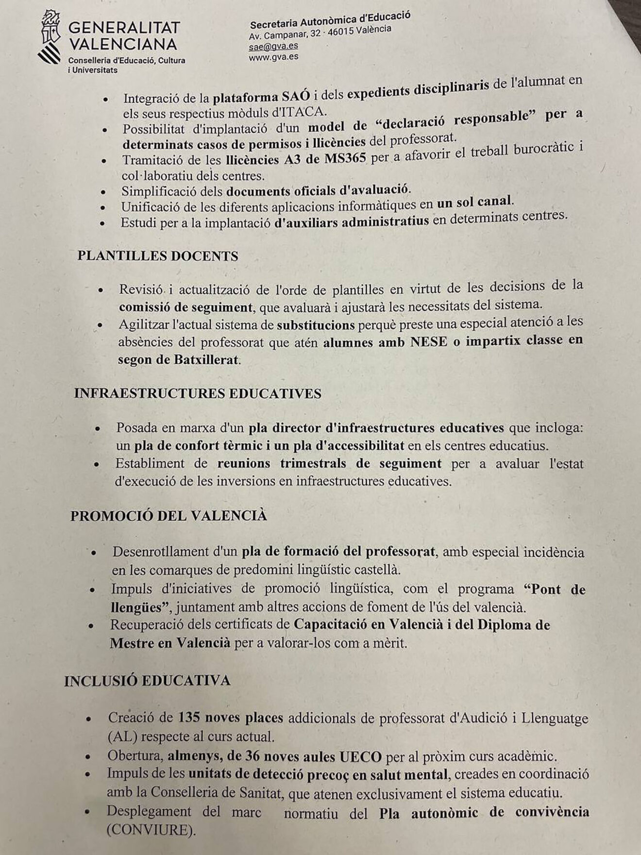 Preacuerdo presentado por Conselleria sobre plantillas, infraestructuras, valencià e inclusión