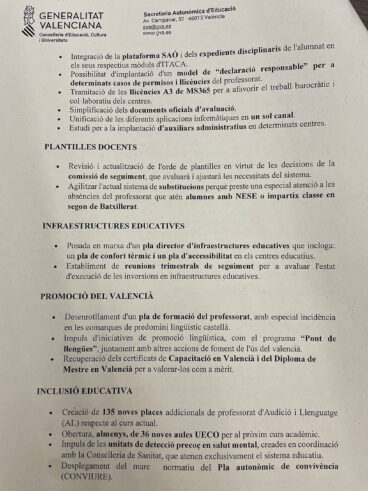 Preacuerdo presentado por Conselleria sobre plantillas, infraestructuras, valencià e inclusión