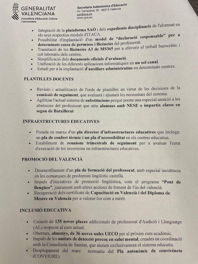 Imagen: Preacuerdo presentado por Conselleria sobre plantillas, infraestructuras, valencià e inclusión