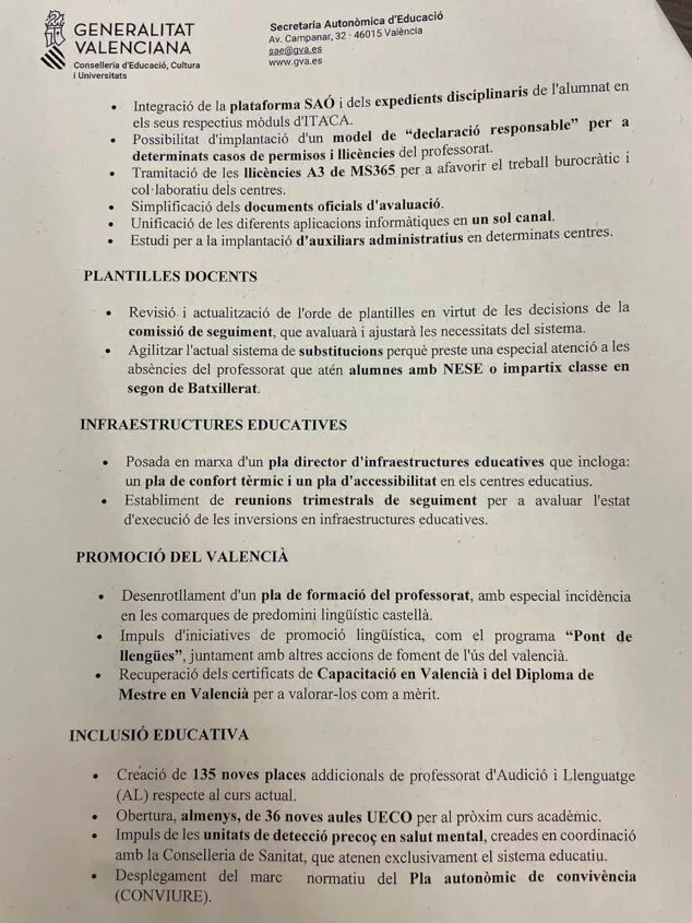 Imagen: Preacuerdo presentado por Conselleria sobre plantillas, infraestructuras, valencià e inclusión