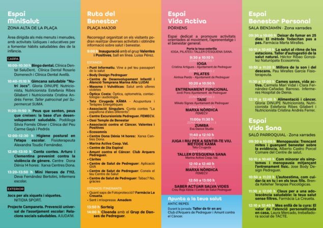 Imagen: Infografía con el programa detallado de actividades, horarios y ubicaciones de la primera Feria de la Salud de Pedreguer, dividida en zonas temáticas como Espai MiniSalut y Espai Vida Activa.