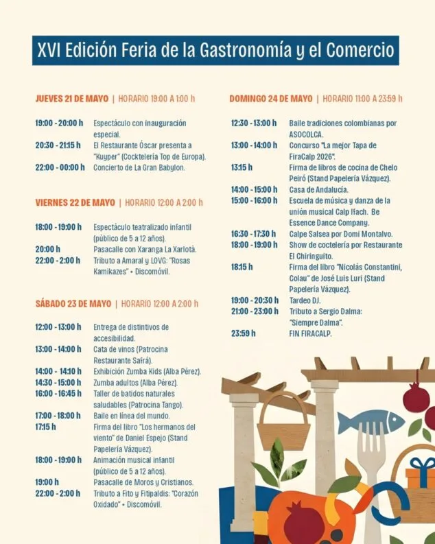 Así es la FiraCalp que transformará la Plaça Major de Calp durante cuatro días 2 Imagen: Cartel con el programa de la XVI Feria de la Gastronomía y el Comercio de Calp.