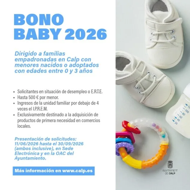 Calp abre el plazo para solicitar el «Bono Baby» 2026, con ayudas de hasta 500 euros para familias 2 Imagen: Cartel del Bono Baby 2026 de Calp con texto informativo y objetos de bebé