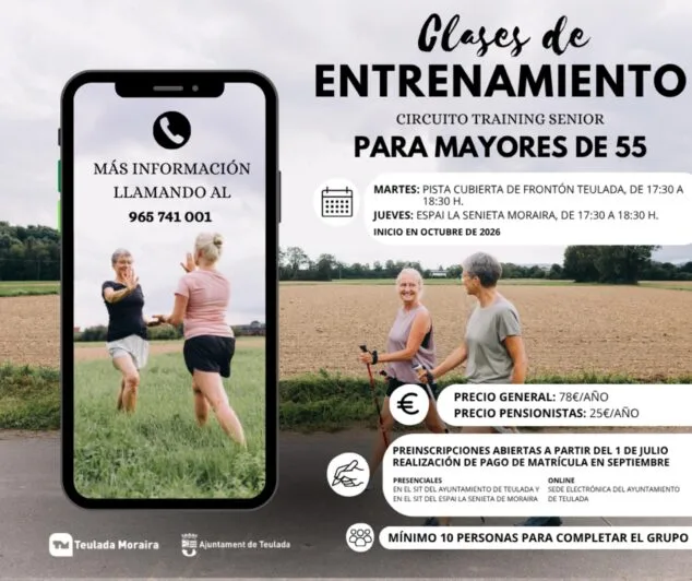 Cartel del Circuito Training Senior del Ayuntamiento de Teulada para mayores de 55 años, con horarios, precios e información de inscripción.