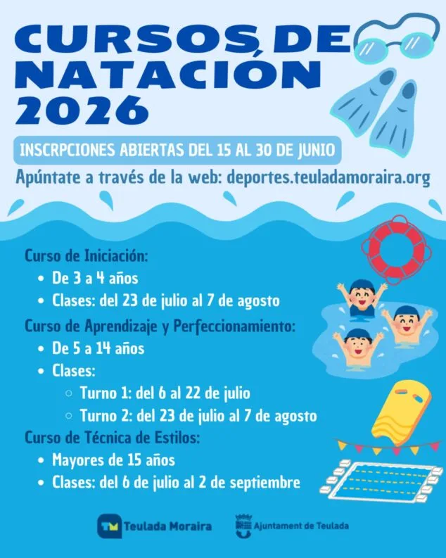 Imagen: Cartel con información sobre las inscripciones y horarios de los cursos de natación de verano 2026 en Teulada.