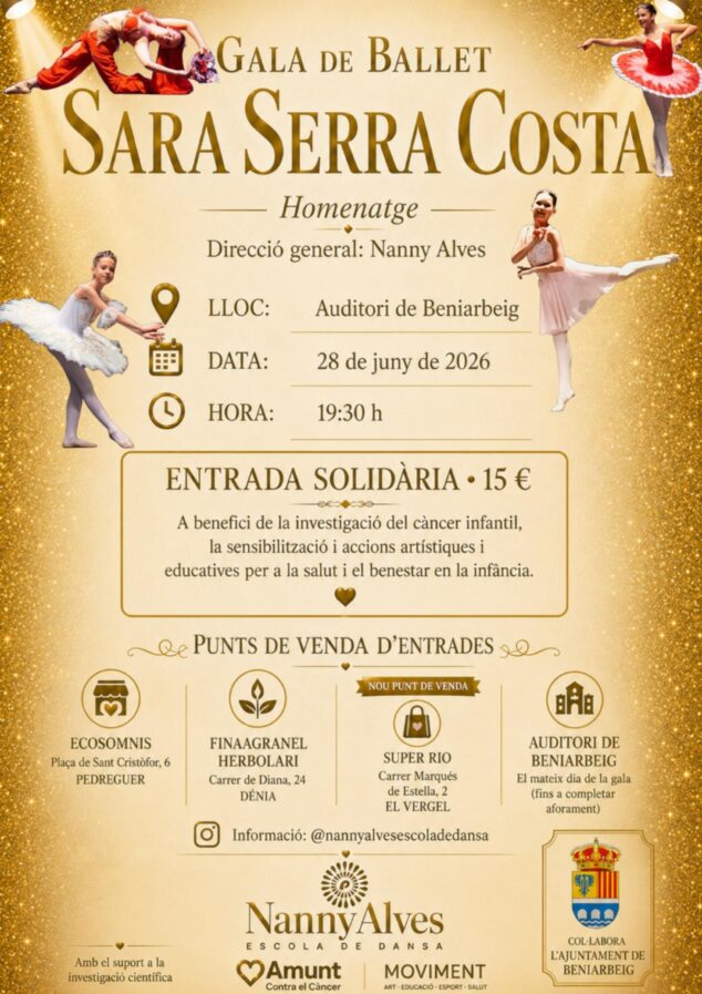Imagen: Cartel promocional de la gala benéfica de ballet Sara Serra Costa en Beniarbeig con información de fecha, hora y puntos de venta.