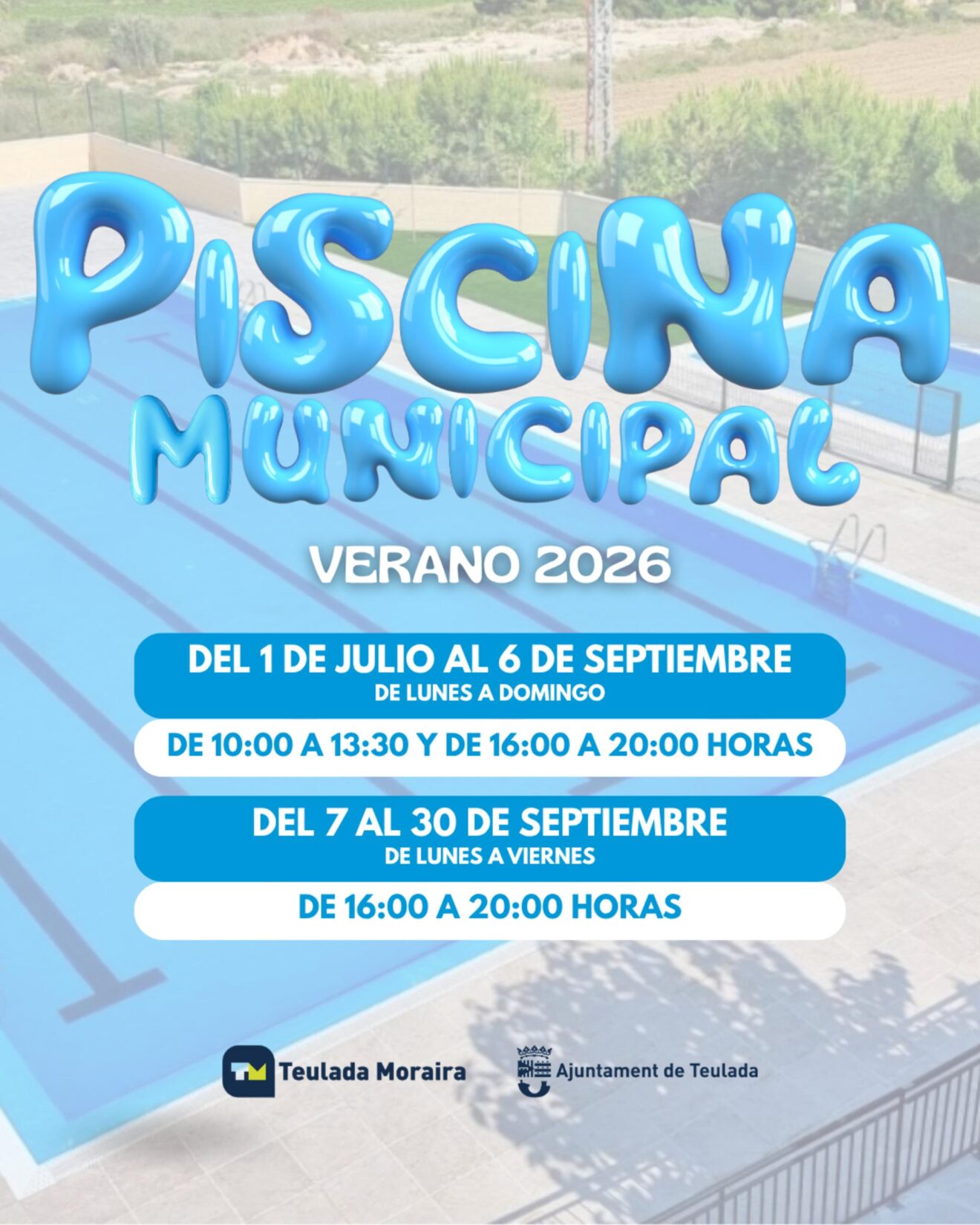 Cartel horarios Piscina Municipal Teulada Moraira Verano 2026