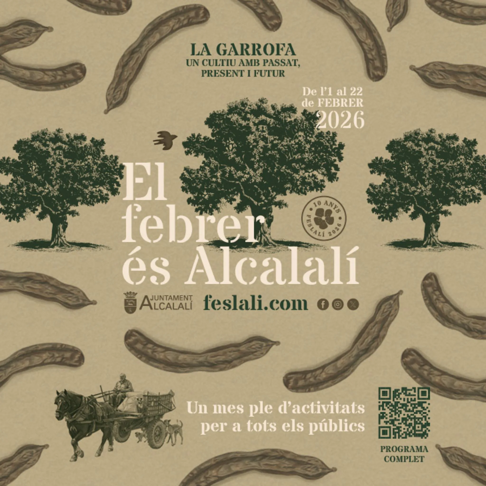 Cartel promocional de las jornadas sobre la algarroba en Alcalalí, febrero 2026.
