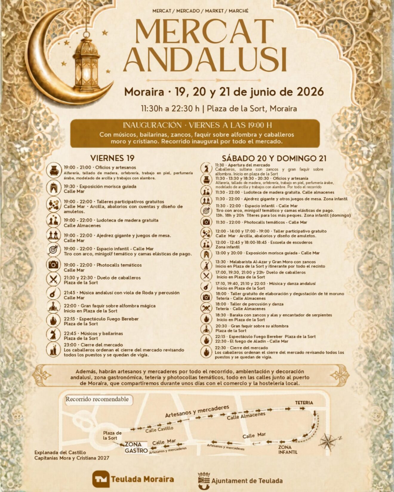 Cartel con la programación y el mapa del Mercat Andalusí 2026 en Moraira
