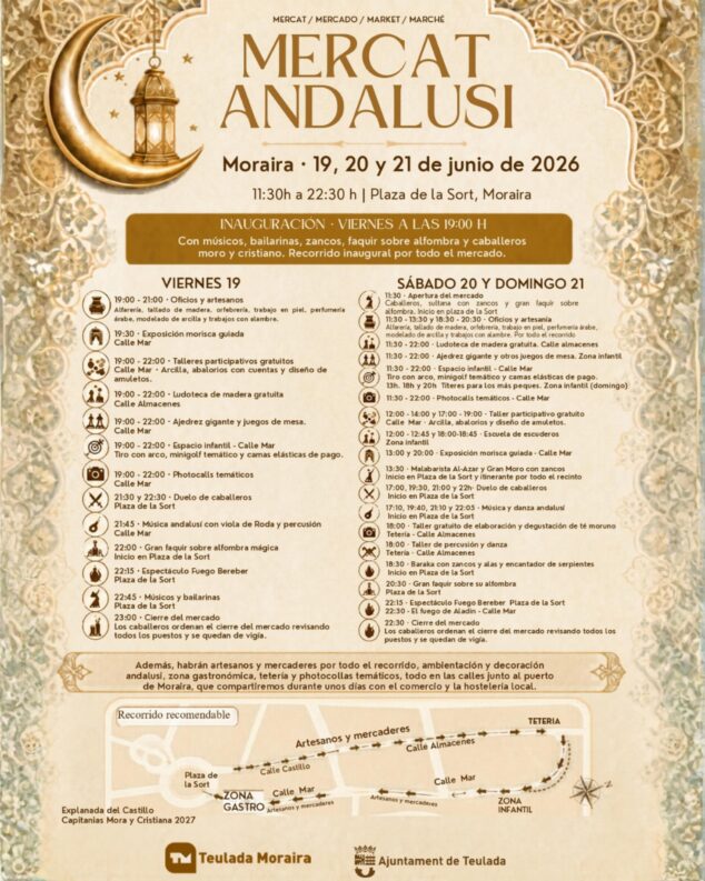 Moraira se prepara para el Mercat Andalusí 2026 en el marco de sus fiestas patronales 2 Imagen: Cartel con la programación y mapa del Mercat Andalusí 2026 en Moraira.
