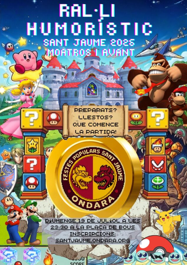 Imagen: Cartel del Rally Humorístico Sant Jaume 2026 de Ondara con personajes de Nintendo.