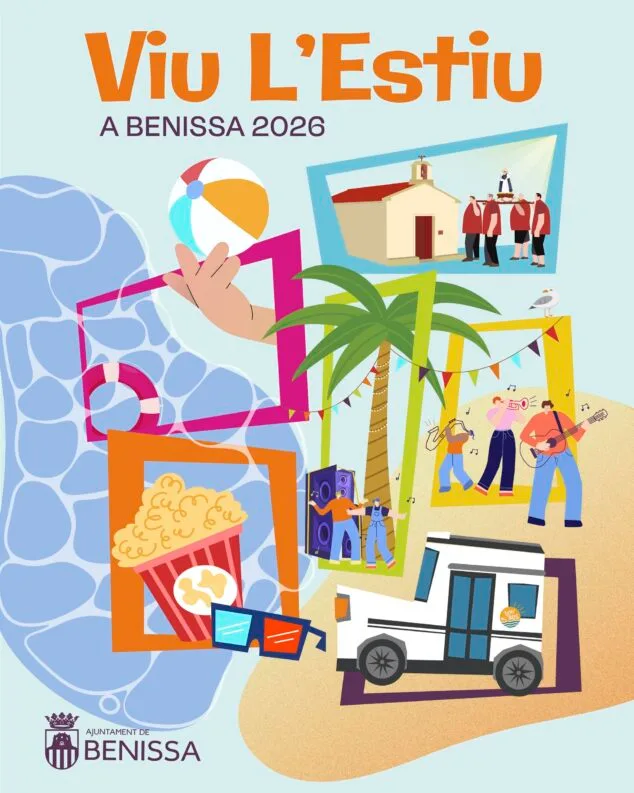 Imagen: Cartel ilustrado del programa "Viu L'Estiu A BENISSA 2026" con iconos de diversas actividades.