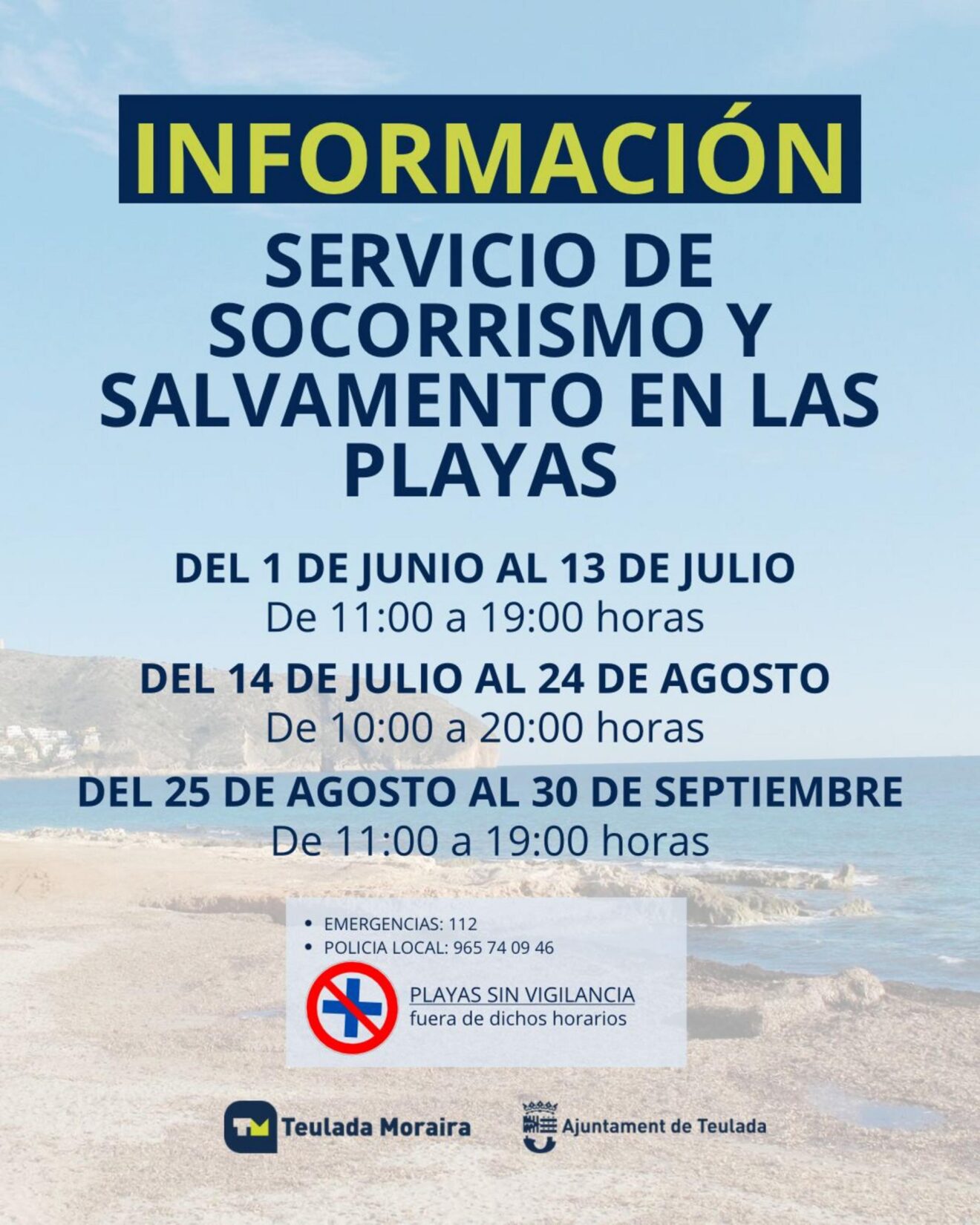 Cartel horarios servicio socorrismo playas Teulada Moraira 2026