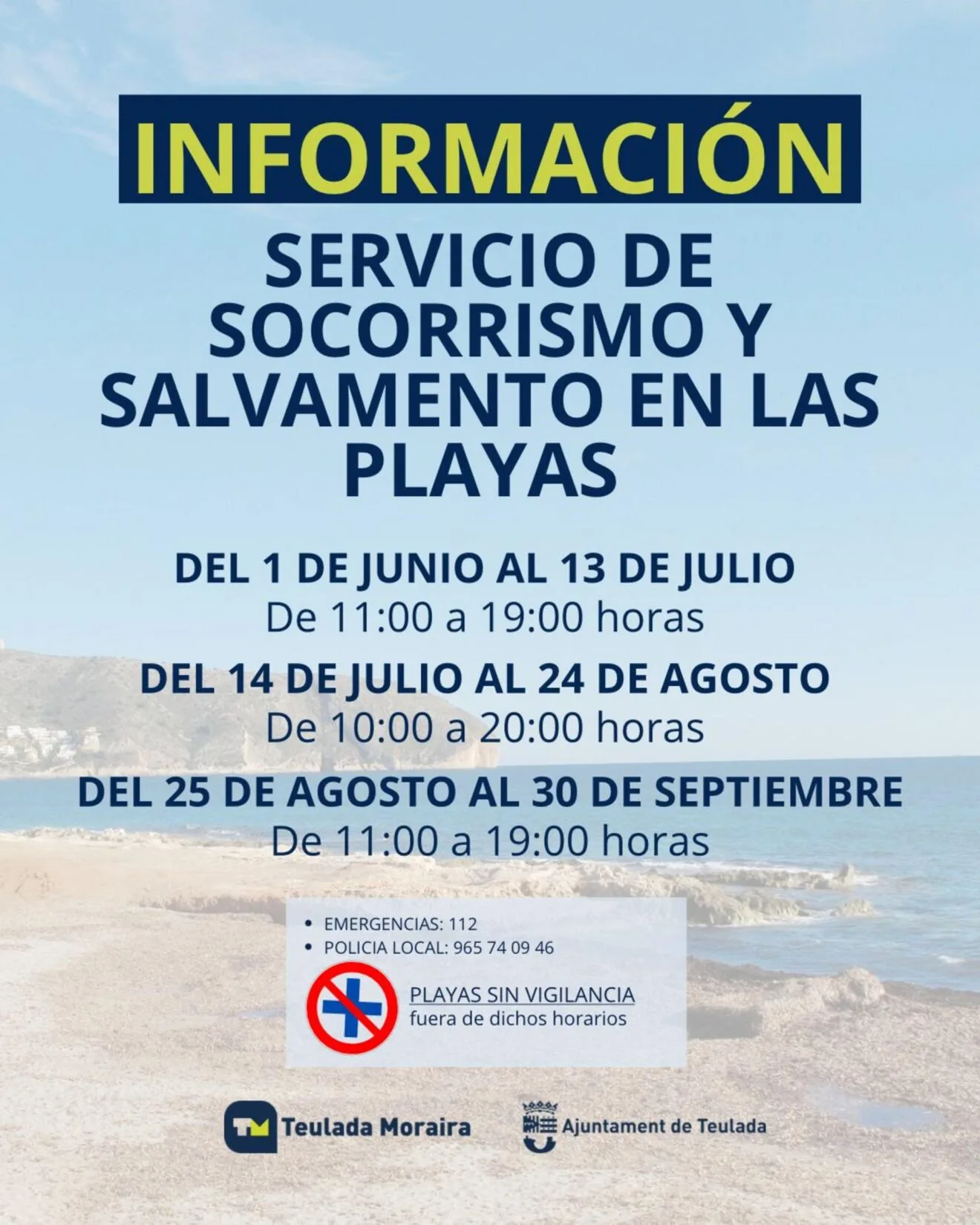 Cartel horarios servicio socorrismo playas Teulada Moraira 2026