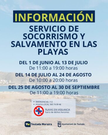 Cartel horarios servicio socorrismo playas Teulada Moraira 2026