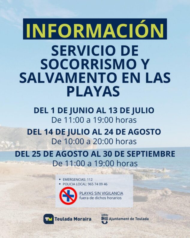 Imagen: Cartel con información detallada sobre los horarios y fechas del servicio de socorrismo y salvamento en las playas de Teulada Moraira para la temporada 2026, incluyendo teléfonos de emergencia y advertencia sobre la falta de vigilancia fuera de horario.
