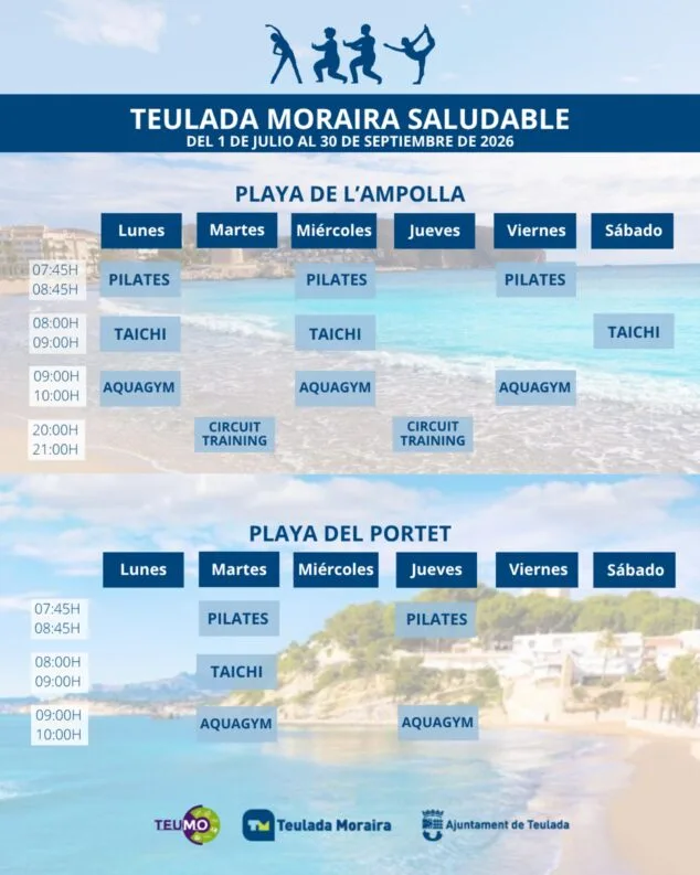 Afbeelding: Poster met het lesrooster voor Pilates, Tai Chi, Aquagym en Circuit Training op de stranden van Teulada Moraira voor de zomer van 2026.