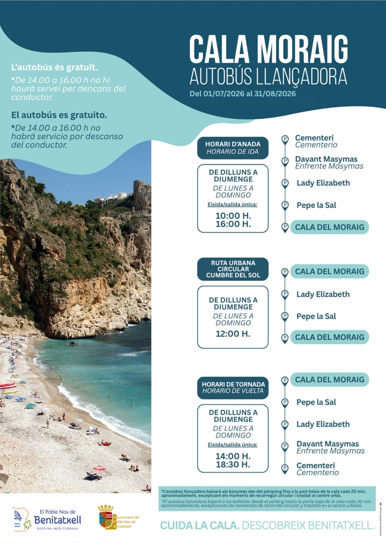 Infografía del servicio de autobús gratuito a Cala Moraig 2026