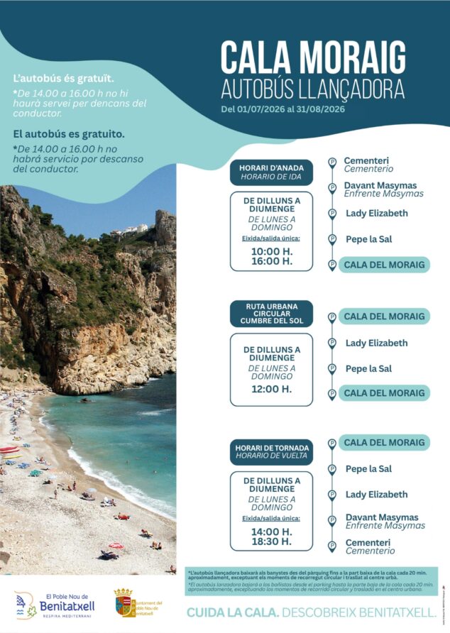 El Poble Nou de Benitatxell reactiva el autobús gratuito a la cala del Moraig 2 Imagen: Infografía con horarios y rutas del autobús gratuito a la Cala del Moraig en Benitatxell para 2026.