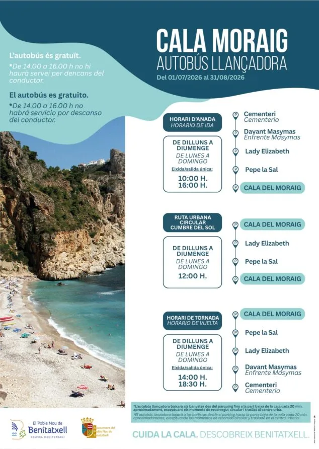 El Poble Nou de Benitatxell reactiva el autobús gratuito a la cala del Moraig 2 Imagen: Infografía con horarios y rutas del autobús gratuito a la Cala del Moraig en Benitatxell para 2026.