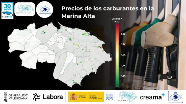 La Marina Alta ya sabe dónde repostar más barato: un nuevo visor revela las diferencias de precio 1 Imagen: Mapa y gráfico del visor interactivo de precios de carburantes en la Marina Alta.