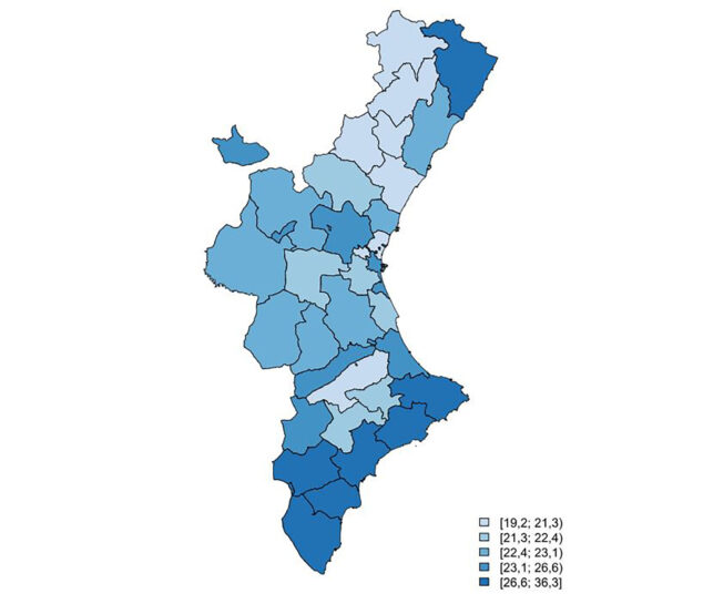 La Marina Alta, la comarca valenciana con más carencia material: 1 de cada 3 vecinos está en riesgo de exclusión 2 Imagen: Mapa de la tasa AROPE por comarcas en 2025, del informe de 'Indicadores de pobreza y condiciones de vida a nivel subregional 2025' del IVE