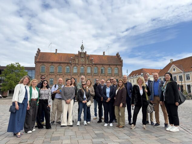 Imagen: Foto de grupo de los participantes en el proyecto RE:START URBACT en una plaza de Nyborg.