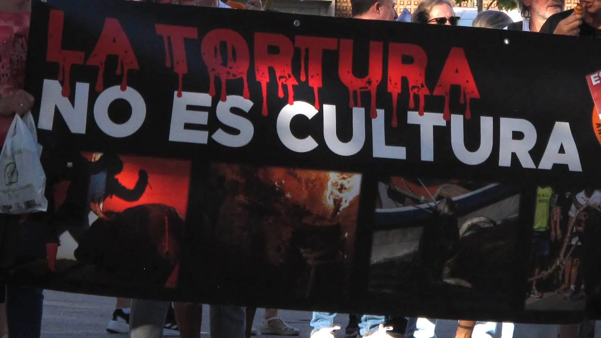 Pancarta sostenida por personas con el texto "LA TORTURA NO ES CULTURA" y cuatro imágenes gráficas relacionadas con la tauromaquia.