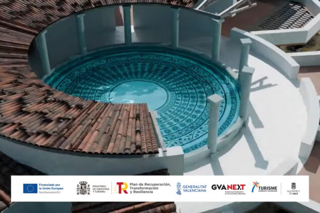 Calp lanza visitas virtuales inmersivas al Penyal d’Ifac, Banys de la Reina y su casco antiguo 5 Imagen: Vista de la reconstrucción virtual 3D del yacimiento Banys de la Reina en Calp con logotipos institucionales al pie.