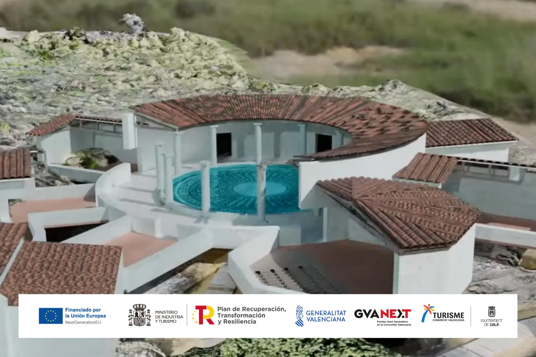 Recreación digital en 3D de una domus romana en el yacimiento de Banys de la Reina en Calp, con una franja inferior de logotipos institucionales y de la Unión Europea.