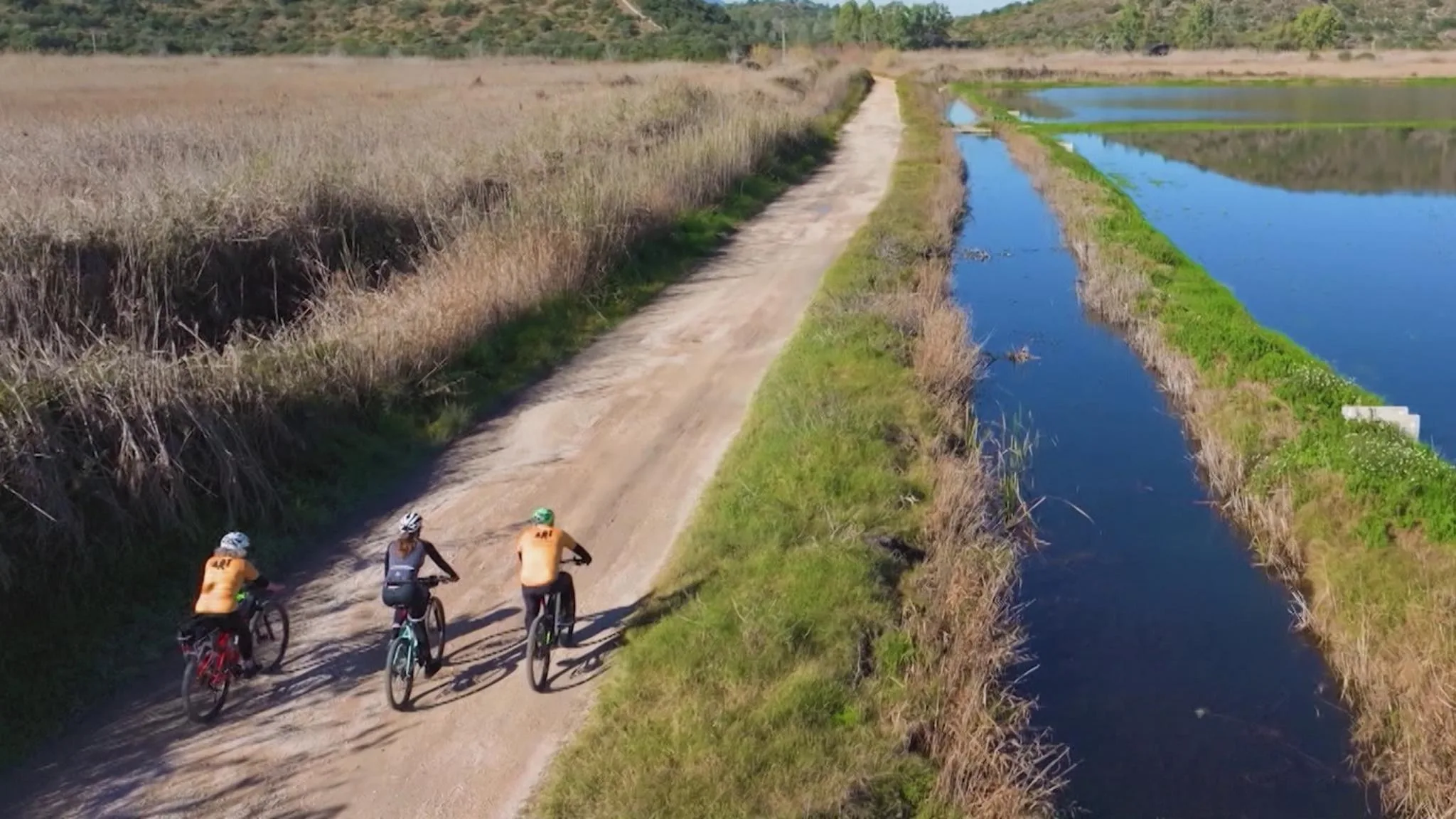 Tres ciclistas pedalean por un camino de tierra junto a un canal y campos inundados en el programa Valencians sobre rodes.