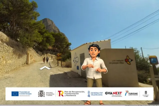 Calp lanza visitas virtuales inmersivas al Penyal d’Ifac, Banys de la Reina y su casco antiguo 4 Imagen: Captura de pantalla de la visita virtual al Penyal d'Ifac mostrando un guía 3D y el peñón al fondo