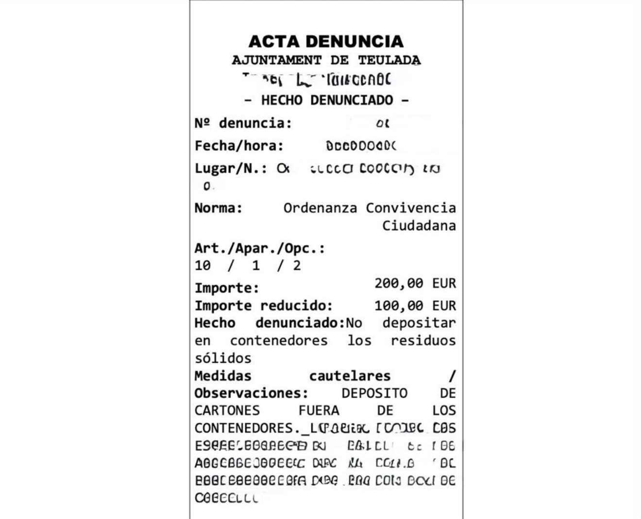 Ejemplo de acta de denuncia por vertido ilegal en Teulada