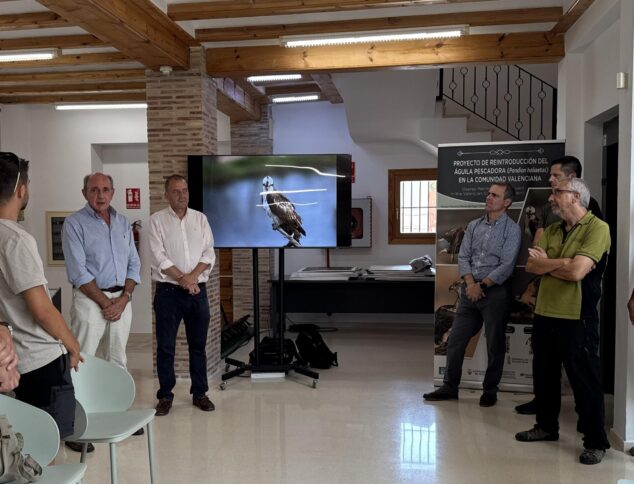 Doce nuevas crías de águila pescadora llegan al Parque Natural de la Marjal de Pego-Oliva 3 Imagen: Varias personas asisten a una presentación sobre la reintroducción del águila pescadora, con una pantalla mostrando al ave y un cartel del proyecto.