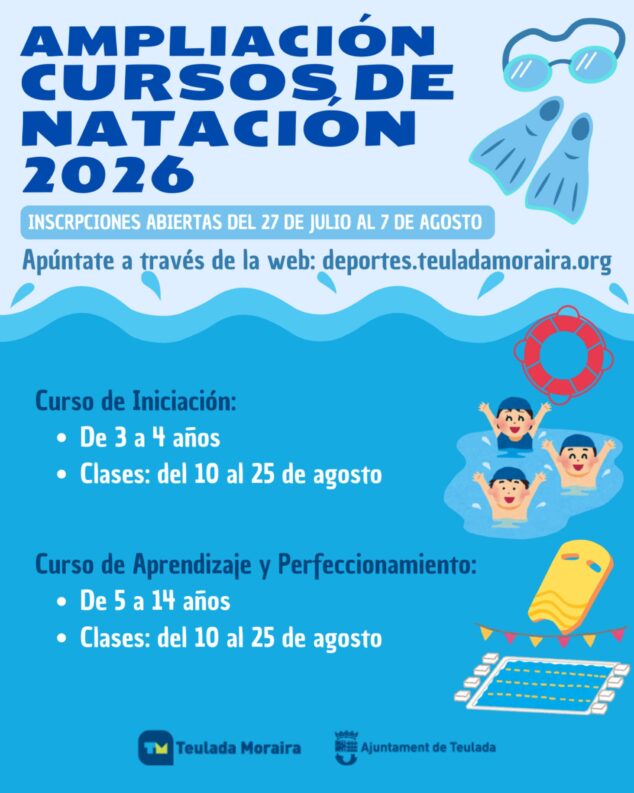 Teulada Moraira abre nuevas inscripciones para los cursos de natación en agosto de 2026 2 Imagen: Cartel informativo sobre la ampliación de cursos de natación de verano 2026 del Ayuntamiento de Teulada.