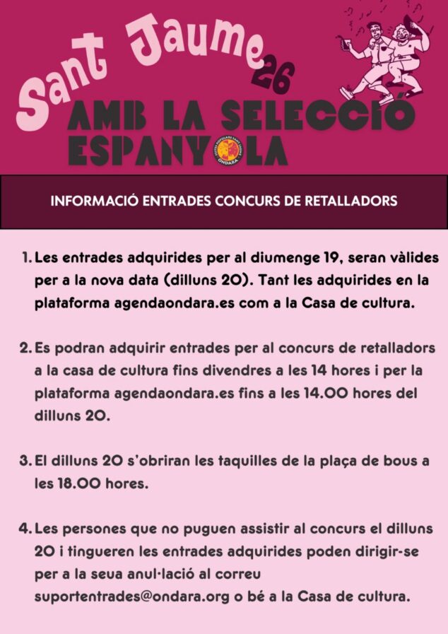 Imagen: Cartel con información sobre la validez y venta de entradas para el Concurso de Retalladors de Ondara tras el cambio de fecha.