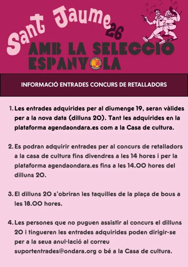 Imagen: Cartel con información sobre la validez y venta de entradas para el Concurso de Retalladors de Ondara tras el cambio de fecha.
