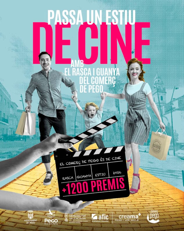 Los comerciantes de Pego, protagonistas «de cine» este verano, recuperan el «Rasca i Guanya» con más de 1.200 premios 4 Imagen: Campaña del verano 2026 del comercio de Pego 'Passa un estiu de cine' con el 'Rasca i guanya'