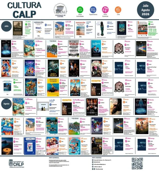 Image: Poster for the Calp 2026 summer cultural agenda with a calendar of events.